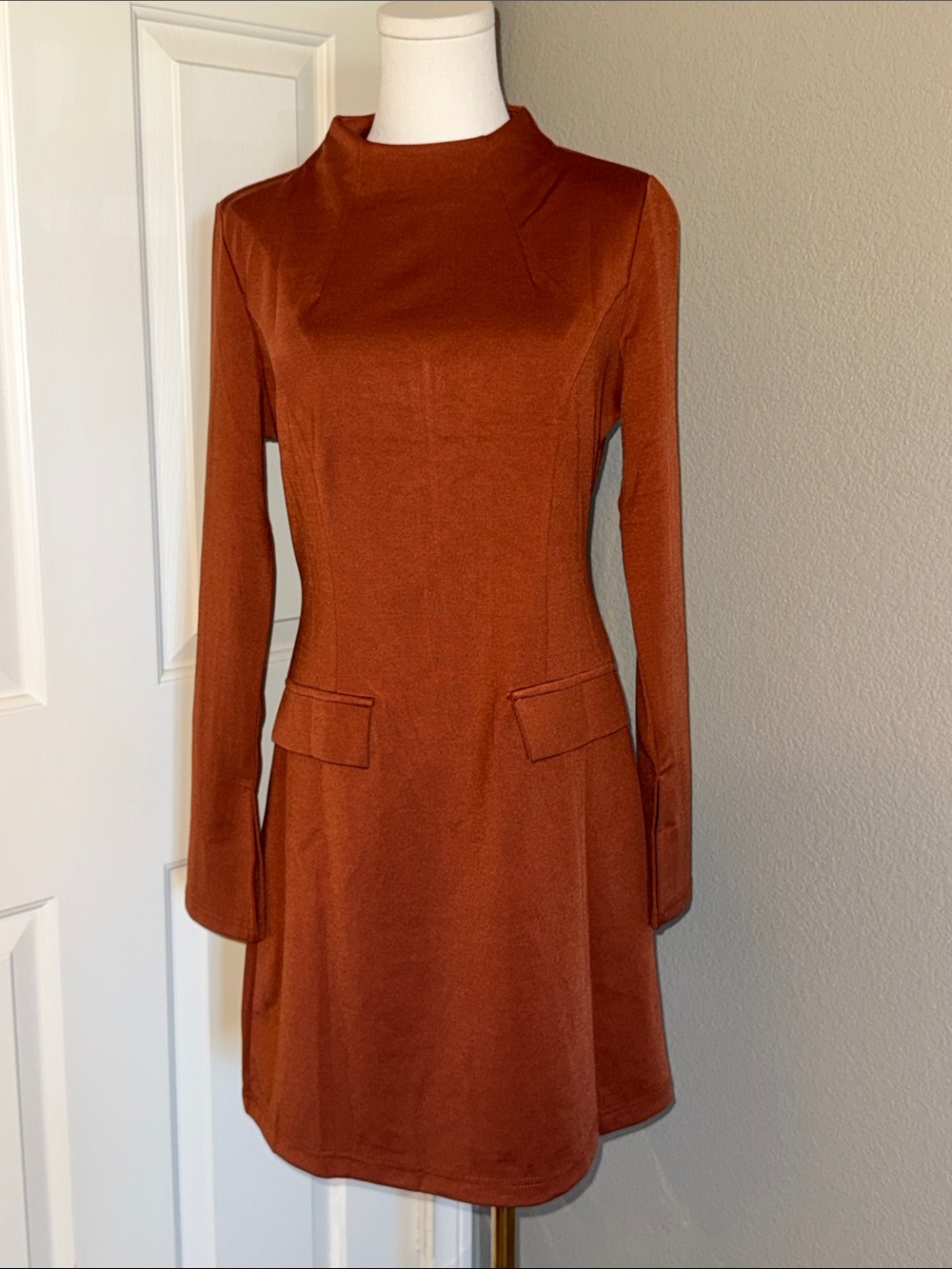 Long-Sleeve Rust A-Line Dress